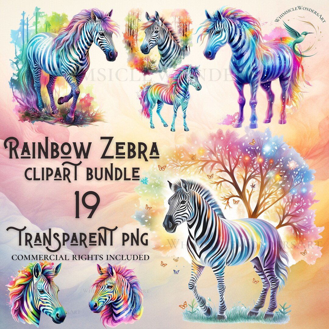 Watercolor Rainbow Zebra Clipart Bundle High Quality Png Digital