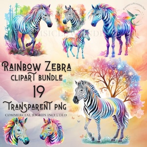 Pacote de clipart aquarela arco-íris zebra download digital PNG de alta qualidade uso comercial artesanato de papel digital fundo transparente