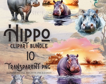 Watercolor Hippo Clipart Bundle: 10 PNGs, Commercial Use (Digital Download)