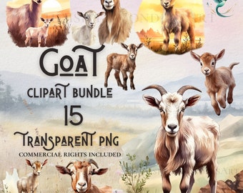 Watercolor Goat clipart bundle 15 high quality PNG digital download commercial use digital paper crafting projects transparent background
