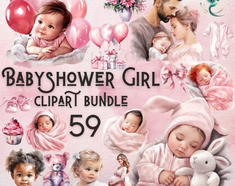 Girl Baby Shower Clipart Bundle, Watercolor PNG (Digital Download)
