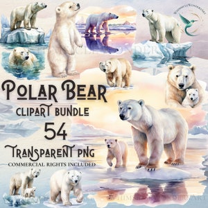 Bundle de cliparts aquarelle ours polaire haute qualité PNG en téléchargement numérique, usage commercial, création de papier numérique, fond transparent