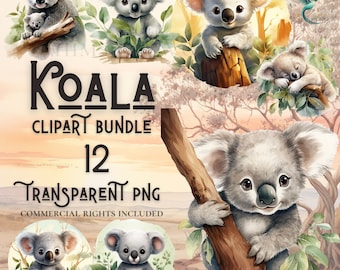 Watercolor Koala Clipart Bundle, PNG Graphics (Digital Download)