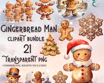Watercolor Gingerbread Man Clipart Bundle, Christmas PNG (Digital Download)