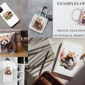 May include: A digital illustration of a red panda with pink flowers. The illustration is shown on a variety of products, including a phone case, tote bag, mug, pillow, and t-shirt. The text "EXAMPLES OF USE" and "DIGITAL FILES ONLY NO PHYSICAL PRODUCTS" is also shown in the image.