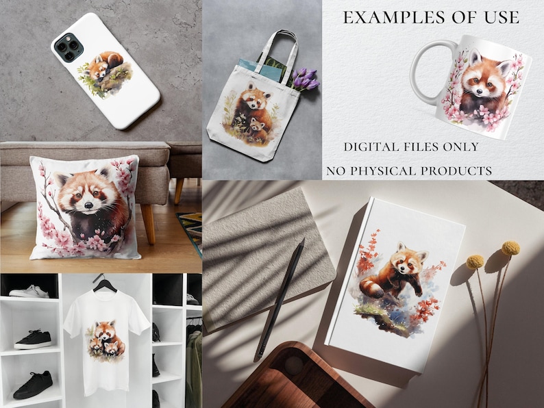 May include: A digital illustration of a red panda with pink flowers. The illustration is shown on a variety of products, including a phone case, tote bag, mug, pillow, and t-shirt. The text "EXAMPLES OF USE" and "DIGITAL FILES ONLY NO PHYSICAL PRODUCTS" is also shown in the image.