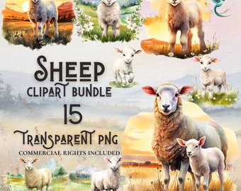 Watercolor sheep clipart bundle 15 high quality PNG digital download commercial use digital paper crafting projects transparent background