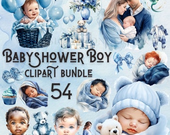 May include: A set of 54 blue and white baby shower boy clipart images. The images include a baby boy, a teddy bear, a blue bow, a cupcake, a bouquet of blue flowers, a gift box, and a baby boy in a blue onesie. The text "Baby Shower Boy Clipart Bundle 54" is at the top of the image. The text "Commercial Rights Included" is at the bottom of the image. The text "Transparent PNG" is at the bottom right of the image.
