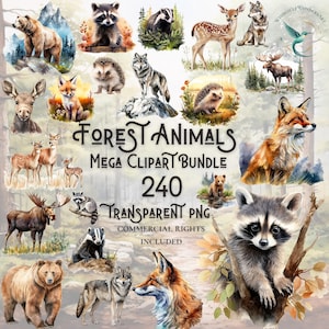 Bundle de cliparts aquarelle animaux de la forêt PNG de haute qualité en téléchargement numérique, utilisation commerciale, création de papier numérique, création d'arrière-plan transparent