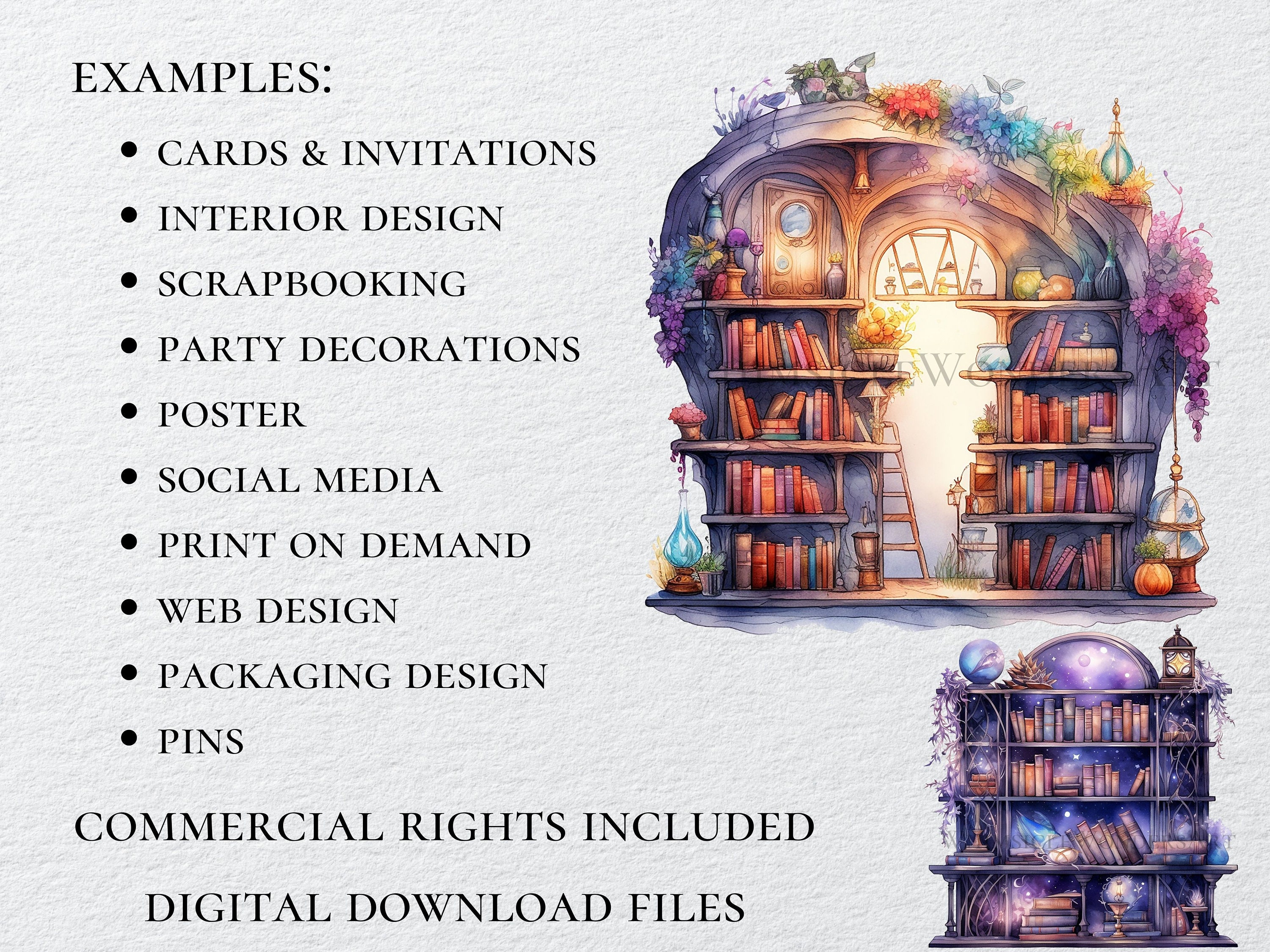 Watercolor Fantasy Bookshelf Clipart Bundle High Quality PNG Digital