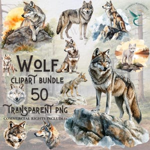 Watercolor Wolf clipart bundle high quality PNG digital download commercial use digital paper crafting projects transparent background