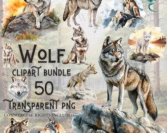 Watercolor Wolf clipart bundle high quality PNG digital download commercial use digital paper crafting projects transparent background