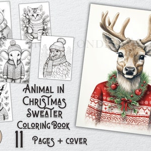 Animal in christmas sweater Coloring Book Adults kids Instant Download Grayscale Coloring Pages Printable PDF