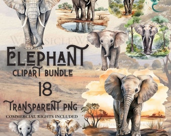 Watercolor Elephant Clipart Bundle, Commercial Use (PNG Digital Download)