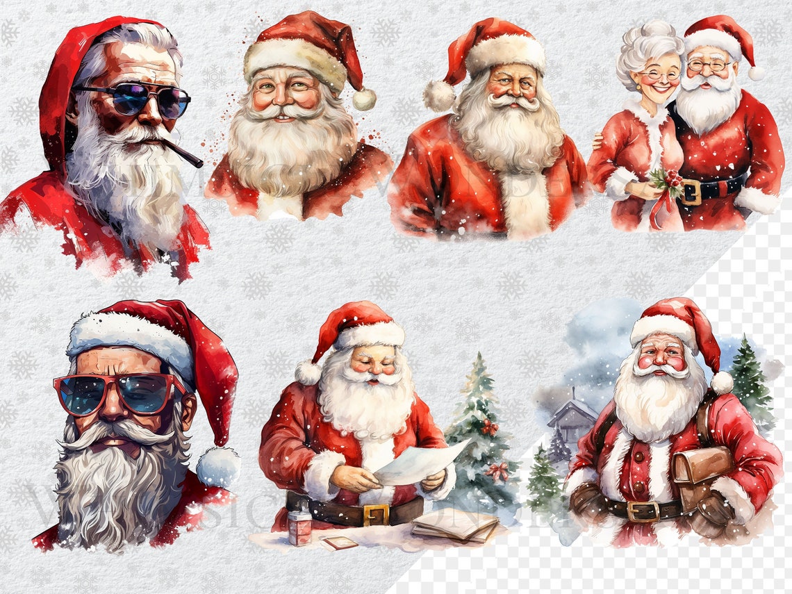 Watercolor Santa Claus Clipart Bundle, Transparent PNG (digital ...