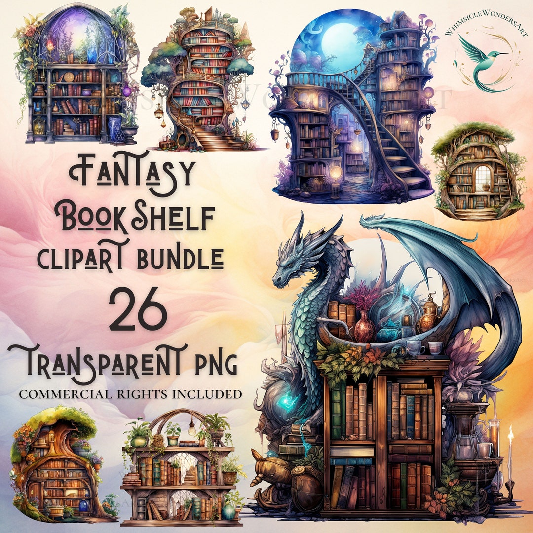 Watercolor Fantasy Bookshelf Clipart Bundle High Quality PNG Digital
