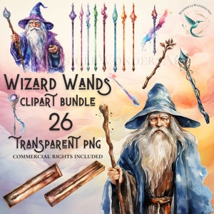 Bundle de cliparts baguette sorcier aquarelle haute qualité PNG téléchargement numérique à usage commercial projet de création de papier numérique fond transparent