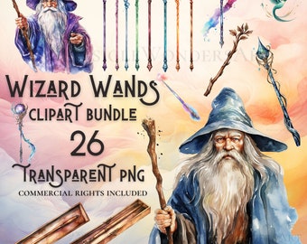 Watercolor wizard wand clipart bundle high quality PNG digital download commercial use digital paper crafting project transparent background