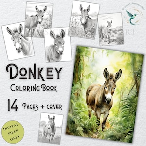 Donkey Coloring Book Adults kids Instant Download Grayscale Coloring Pages Printable PDF