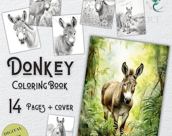 Donkey Coloring Book Adults kids Instant Download Grayscale Coloring Pages Printable PDF