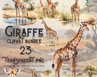 Paquete de imágenes prediseñadas de jirafa en acuarela, PNG de alta calidad (descarga digital)