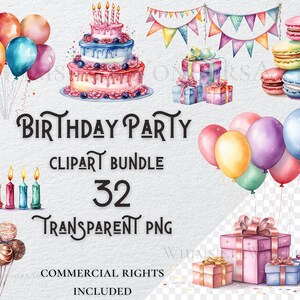 水彩画の誕生日パーティー クリップアート バンドル 高品質 PNG デジタル ダウンロード 商用利用 デジタル ペーパー クラフト 透明な背景