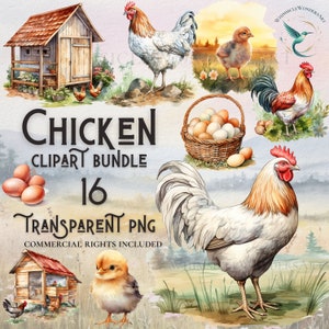 Watercolor chicken clipart bundle high quality PNG digital download commercial use digital paper crafting projects transparent background