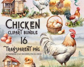 Clipartbundel aquarel kip, boerderijdier, png (digitale download)