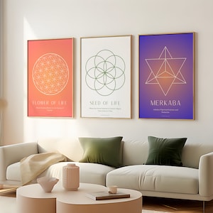 3 Piece Poster Set: Merkaba, Flower of Life, Seed of Life Symbol | Sacred Geometry Wall Art with Gradient Aura and Affirmation | Printable