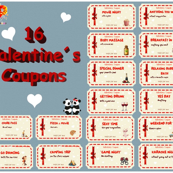 16 Love Coupons Printable, Valentines Day Coupons, Gift for him and her, Anniversary Gift, Love Vouchers. Png and svg files Instant Download