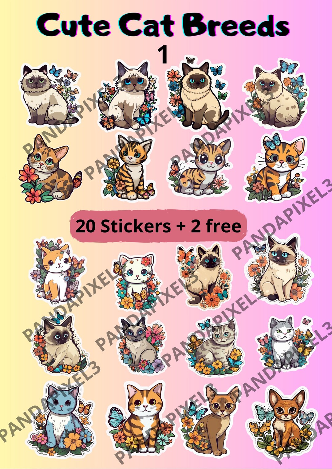 Colorable Pet Stickers 120 Cute Cats Stickers PNG and SVG, 12free Colorful Cat Breeds, Kitten ...