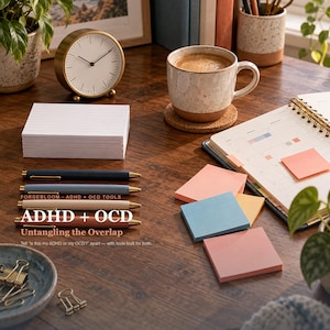 May include: A desk setup featuring a stack of white index cards, four colored pens, a mug of coffee on a cork coaster, a gold analog clock, and a spiral-bound planner with sticky notes. Text reads: FORGEBLOOM ADHD + OCD TOOLS ADHD + OCD Untangling the Overlap.
