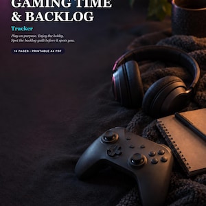 Può includere: Un prodotto digitale intitolato Gaming Time & Backlog Tracker, 16 pagine stampabili in formato A4 PDF. Il testo recita: Forgebloom ADHD Tools, Gaming Time & Backlog Tracker, Play on purpose. Enjoy the hobby. Spot the backlog guilt before it spots you.