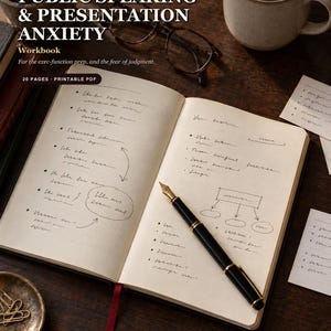 Puede incluir: Un libro de ejercicios abierto titulado Public Speaking & Presentation Anxiety con notas y diagramas escritos a mano en páginas de color crema. Una pluma estilográfica negra descansa sobre las páginas, junto a unas gafas, una taza y clips.