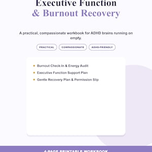 Executive Function & Burnout Recovery Workbook | ADHD Printable | Practical Compassionate Self-Care PDF | Body Doubling, Energy Audit