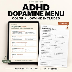 Può includere: Un tablet digitale e un foglio stampato che mostrano un ADHD Dopamine Menu. Il menu presenta categorie come Appetizers, Entrées, Sides, Desserts e Specials con caselle di controllo per le attività. Il design include sia una versione a colori che una a basso consumo di inchiostro.