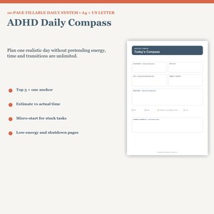 Può includere: Un sistema giornaliero compilabile di 10 pagine intitolato ADHD Daily Compass nei formati A4 e US Letter. Il documento presenta un'intestazione blu scuro etichettata Today's Compass con sezioni per attività, stime temporali e micro-avvii su sfondo bianco.