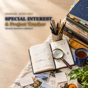 May include: A Special Interest & Project Tracker notebook with an open page featuring hand-drawn sketches, a magnifying glass, a stack of books with colorful tabs, a pencil holder, a blue mug, and several small printed photographs.
