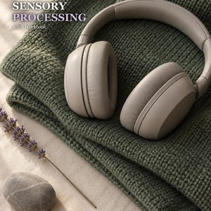 May include: A beige over-ear headphone set resting on a folded dark green knit fabric. Next to the headphones is a single sprig of dried lavender and a smooth gray stone. The text on the image reads FORGEBLOOM SENSORY TOOLS SENSORY PROCESSING Adult Workbook.