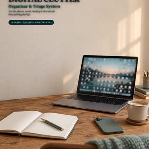 Puede incluir: Un documento digital titulado FORGEBLOOM ADHD TOOLS DIGITAL CLUTTER Organizer & Triage System for the photos, email, desktop & downloads that quietly piled up. 18 PAGES FILLABLE + PRINTABLE PDF. El texto se muestra sobre una computadora portátil en un escritorio.