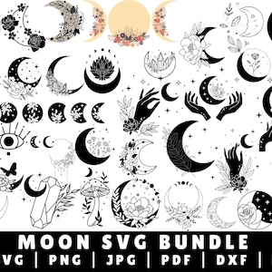 Moon SVG Bundle, Floral Moon svg, Mystic Celestial Svg, Moon and Stars SVG, Crescent Moon Svg, Cut File for Cricut, Silhouette