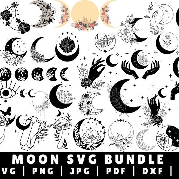 Moon SVG Bundle, Floral Moon svg, Mystic Celestial Svg, Moon and Stars SVG, Crescent Moon Svg, Cut File for Cricut, Silhouette