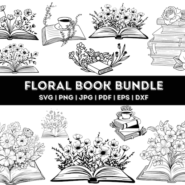 Floral book svg, book with flower svg, book svg, flower svg, book lovers svg, line art svg, flower outline, flower cut file, floral clipart