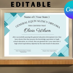 GED Diploma Certificate, Editable Certificate, Canva Template, Diploma Certificate, School Equivalency Diploma, Instant Download.