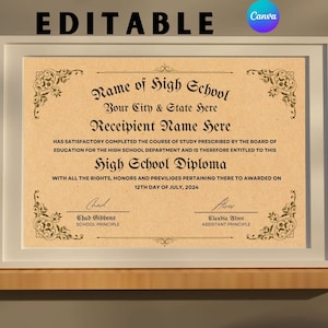 Diploma de escuela secundaria, plantilla de diploma, diploma de educación en el hogar editable en Canva, plantilla de diploma de graduación, diploma de escuela secundaria falso imprimible