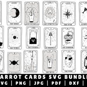 May include: A set of 22 black and white tarot cards with a star-filled background. Each card features a different tarot symbol and name, such as The Sun, The Moon, The Tower, and The World. The cards are arranged in a grid pattern and are ready to be used for divination or as decorative art.