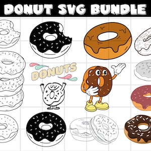 May include: A set of 10 donut SVG files. The donuts are in various styles, including glazed, chocolate, sprinkles, and cartoon characters. The word "Donuts" is written in a playful font.