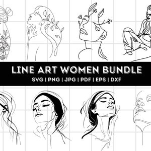 以下が含まれることがあります： 女性の顔と体の線画イラスト10点セット。イラストは白黒で、花柄や流れるような髪など、さまざまなスタイルが特徴です。