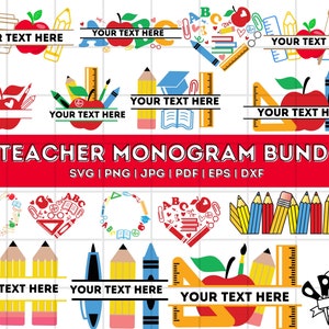 Pode incluir: Um conjunto de 10 arquivos de corte SVG para um pacote de monogramas de professor com uma variedade de designs com maçãs, lápis, réguas e livros. O texto "YOUR TEXT HERE" está incluído em cada design.