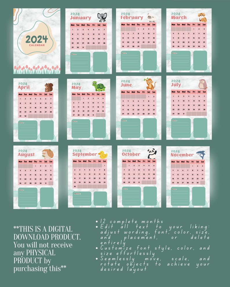 Editable Calendar 2024 Printable Calendar 2024 Aesthetics Calendar 2024 ...